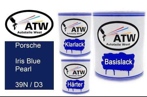 Porsche, Iris Blue Pearl, 39N / D3: 1L Lackdose + 1L Klarlack + 500ml Härter - Set, von ATW Autoteile West.